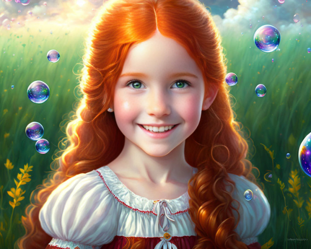 Young girl with red hair in white dress surrounded by bubbles in green field
