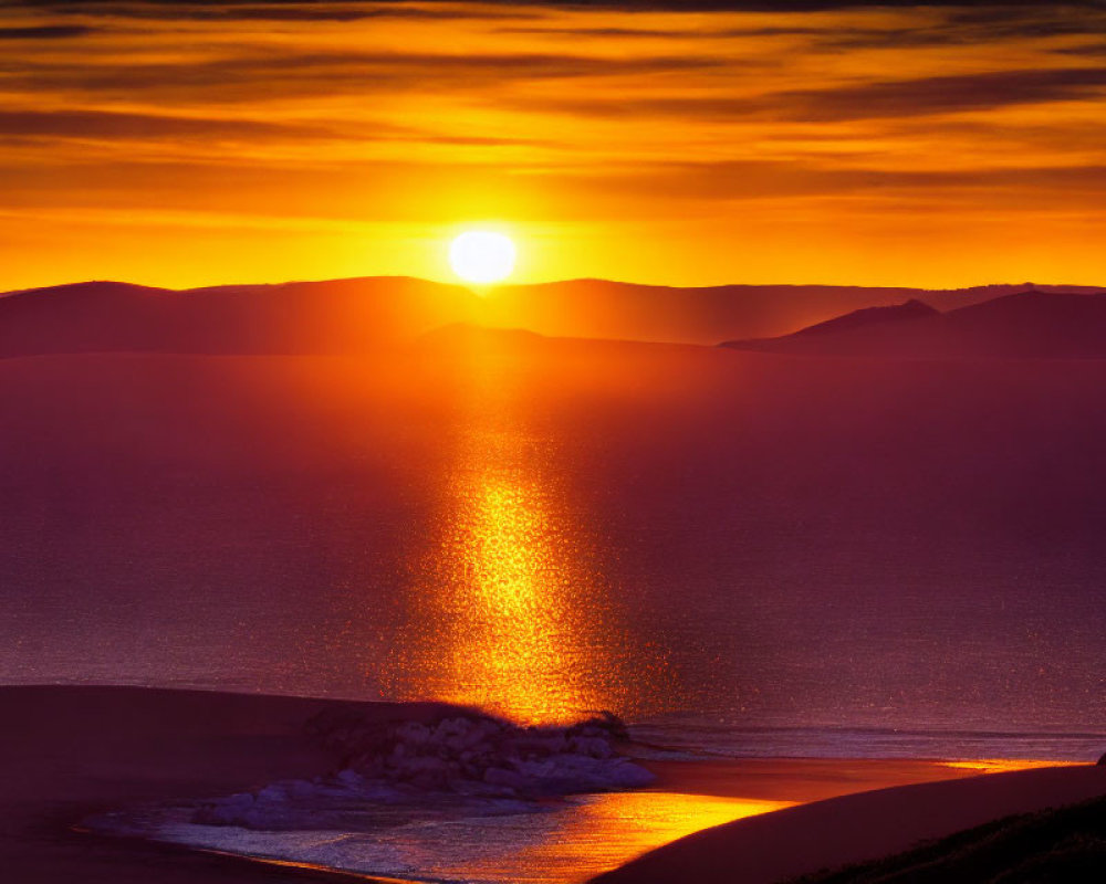 Scenic sunset over tranquil sea with golden reflection, silhouetted mountains, and gentle waves