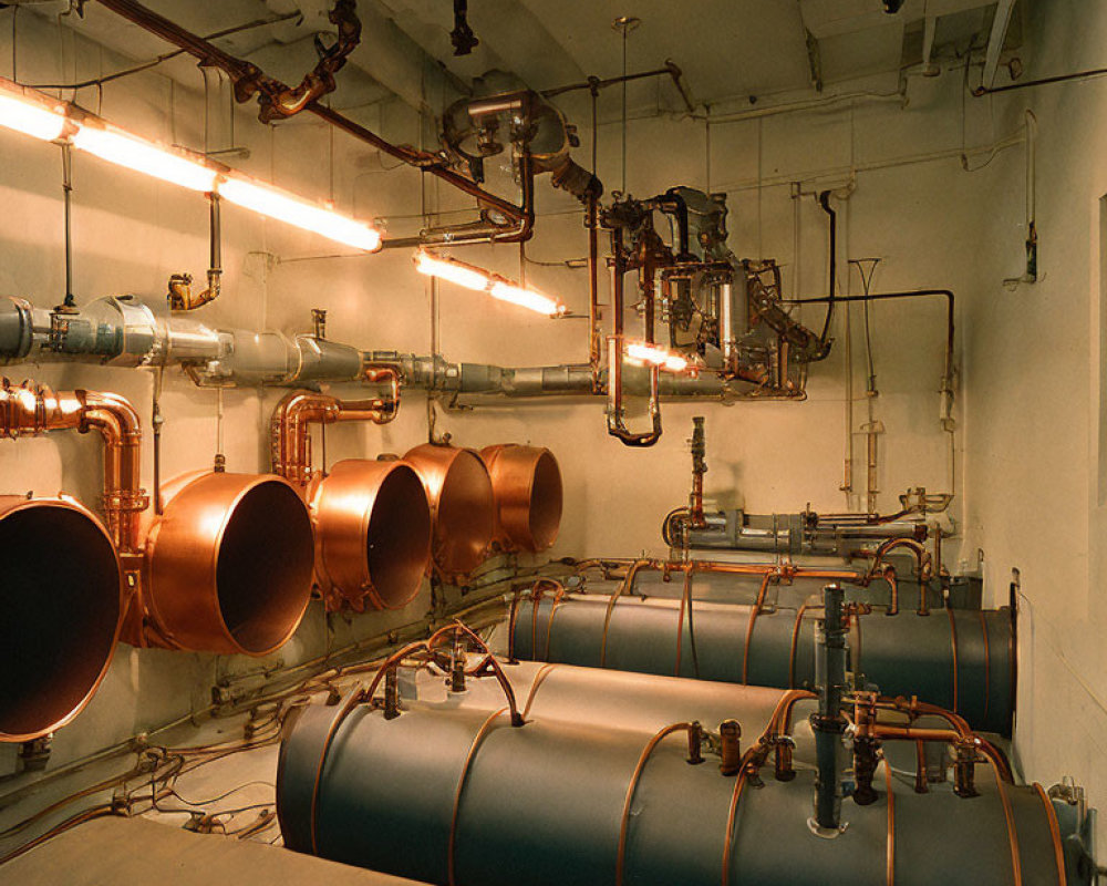 Industrial room with blue tanks, copper pipes, gauges, valves on cream background