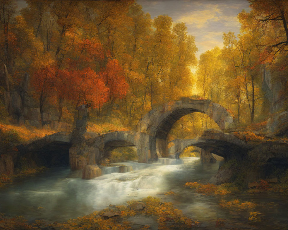 Ancient stone bridge over serene creek in vibrant autumn forest
