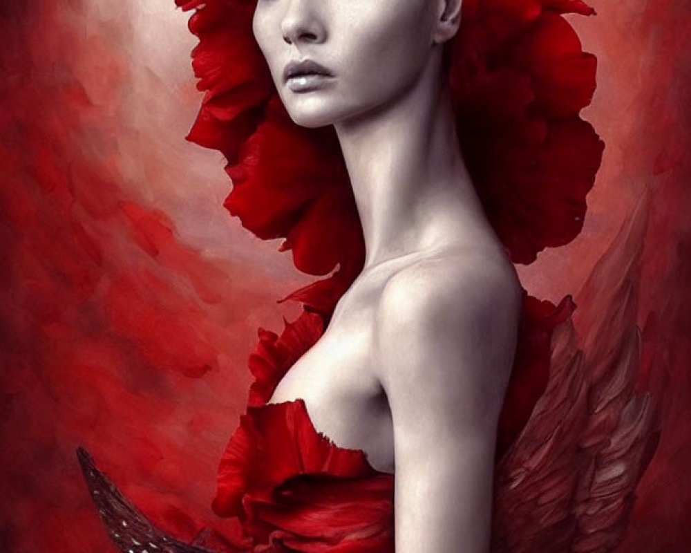 Portrait of Woman with Red Petals and Dark Wing Detail
