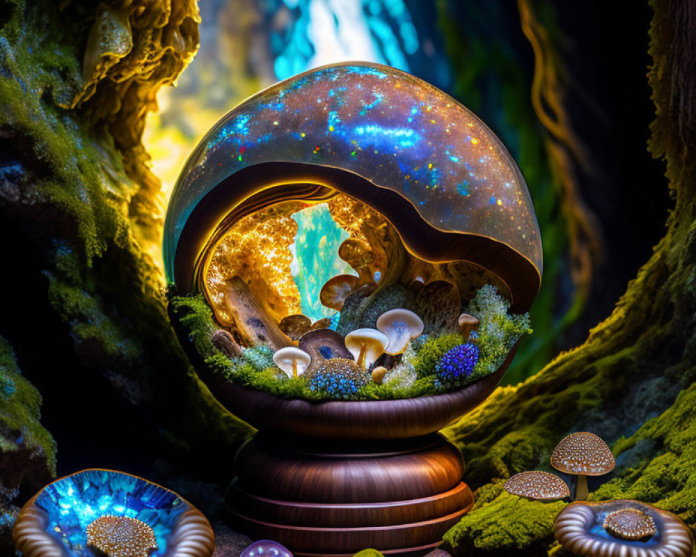 Fantastical diorama with glowing cosmic orb in lush forest setting