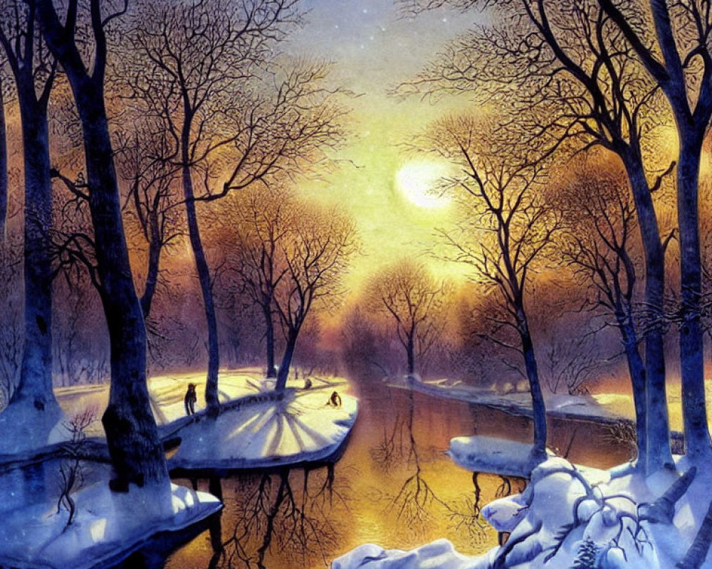 Snow-covered Winter Landscape: Moonlit River and Frozen Ground