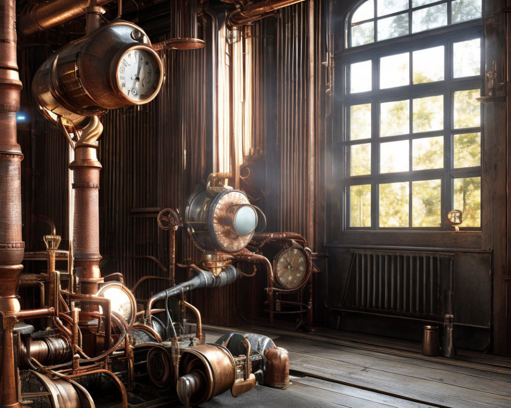 Steampunk-style room with copper pipes and machinery in warm sunlight