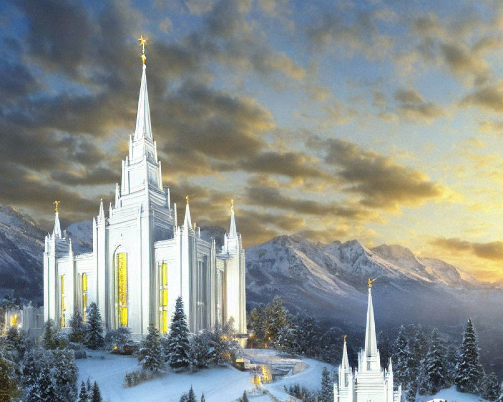 Illuminated church with white spires in snowy mountain setting