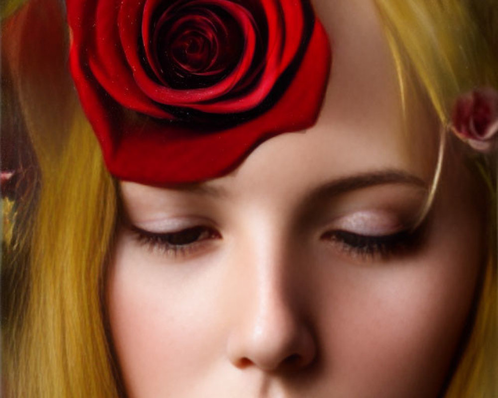 Young Woman with Red Rose on Forehead in Soft Floral Background