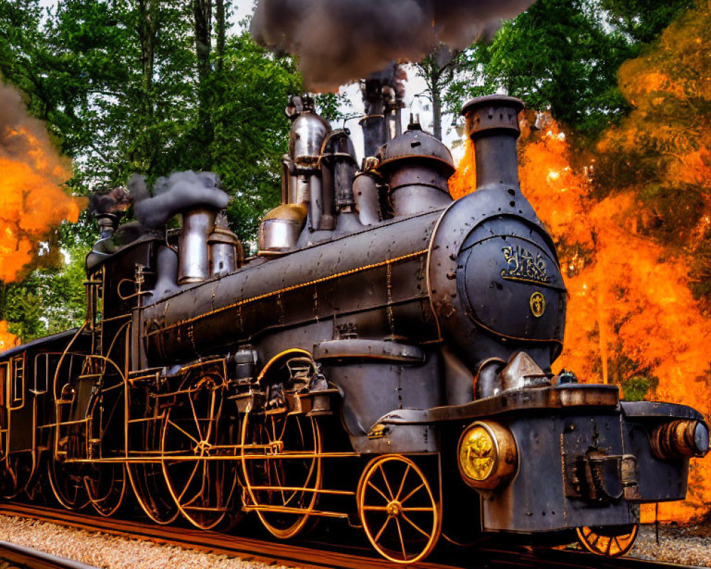 Vintage Steam Locomotive with Billowing Smoke and Flames on Tracks