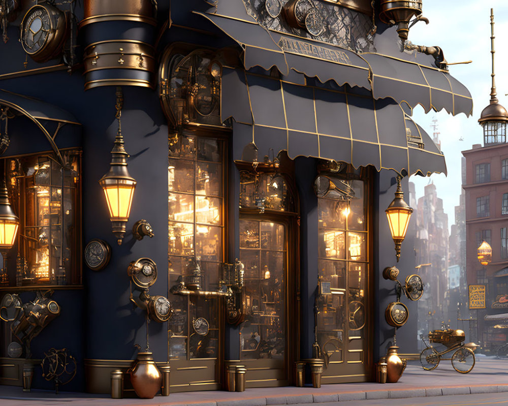 Vintage Shop Front with Ornate Gold Trim and Display Windows in Urban Setting at Dusk