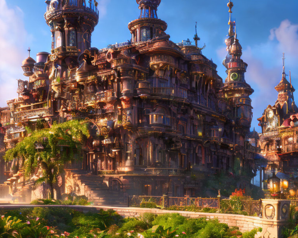 Ornate Fantasy Castle with Towers in Lush Gardens
