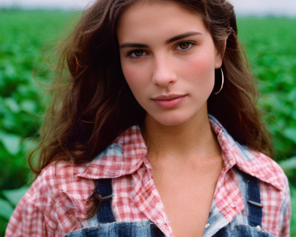 Brown-haired woman in plaid shirt gazes at camera in front of green field