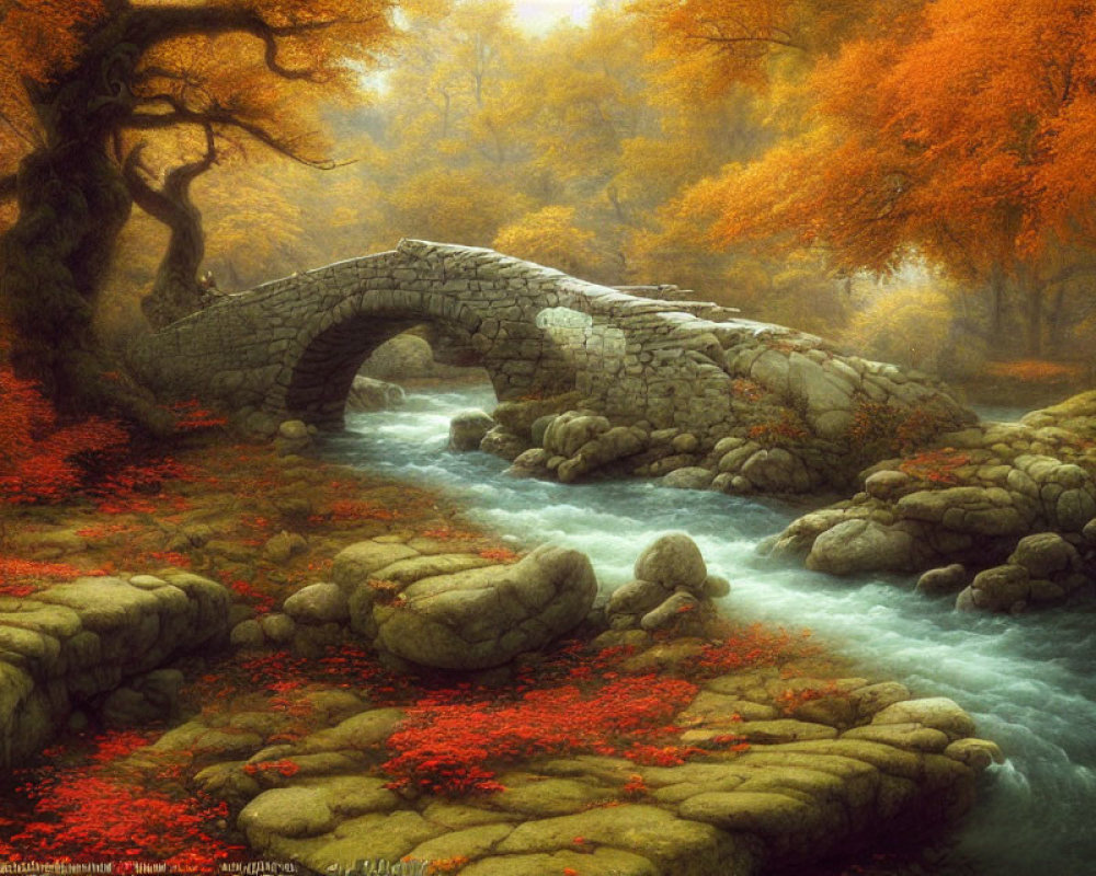Tranquil autumn landscape with stone bridge, stream, orange leaves, and red foliage
