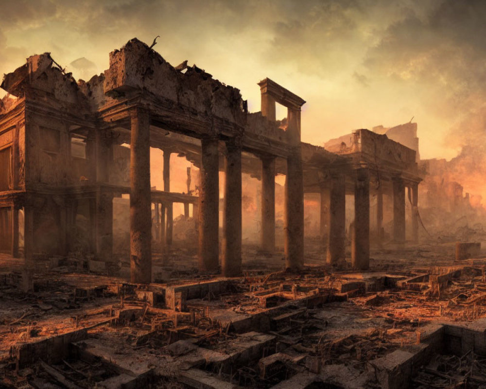 Desolate post-apocalyptic landscape with ruined classical columns