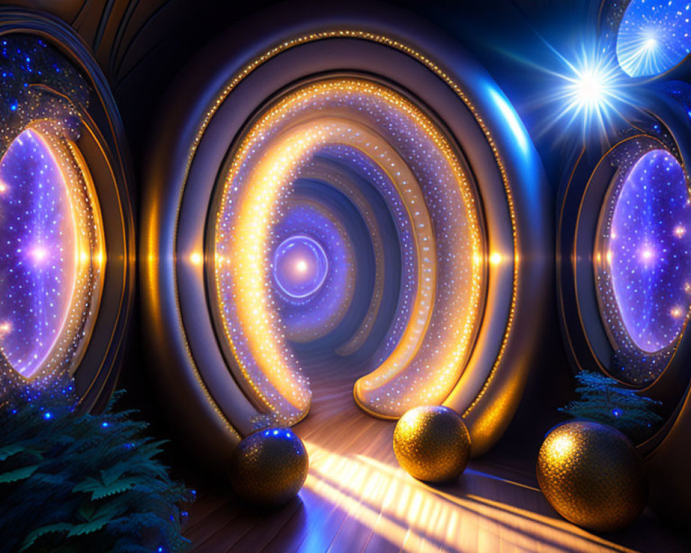 Colorful digital art: Tunnel with reflective surfaces, spherical objects, glowing lights, cosmic patterns.
