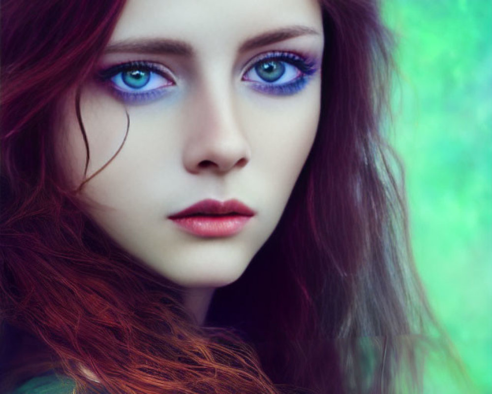 Vibrant red-haired woman with blue eyes on ethereal background