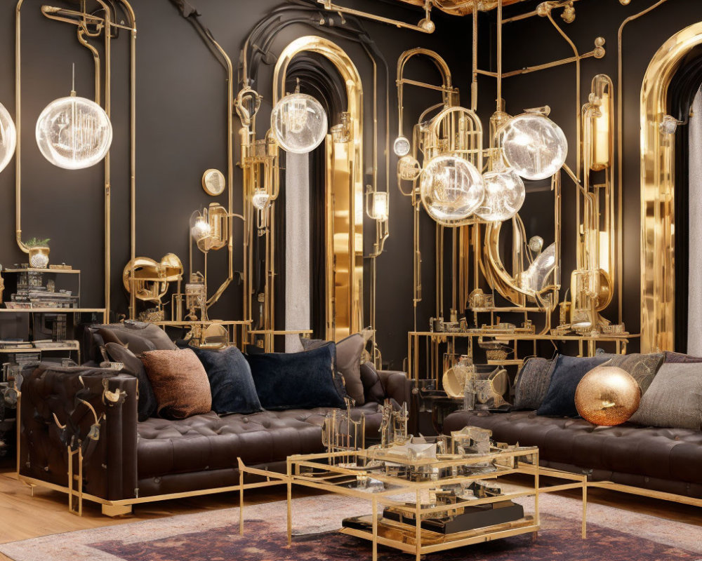 Sophisticated living room with leather sofas, gold coffee table, and ornate ceiling.