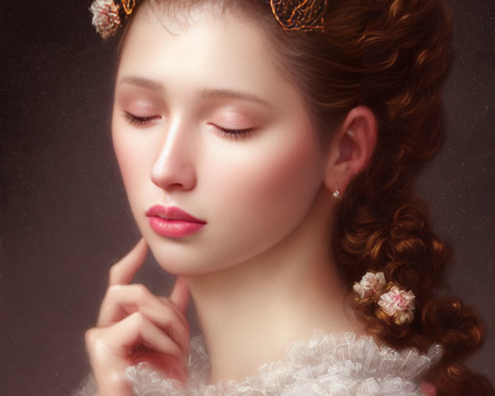 Woman with delicate braid and floral hairpiece in serene pose
