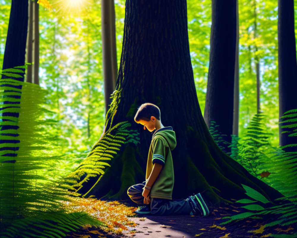 Child kneeling in sunlit forest surrounded by lush ferns and fallen leaves