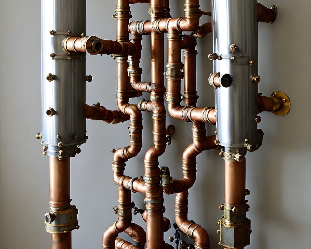 Complex Plumbing Structure with Copper Pipes and Fittings