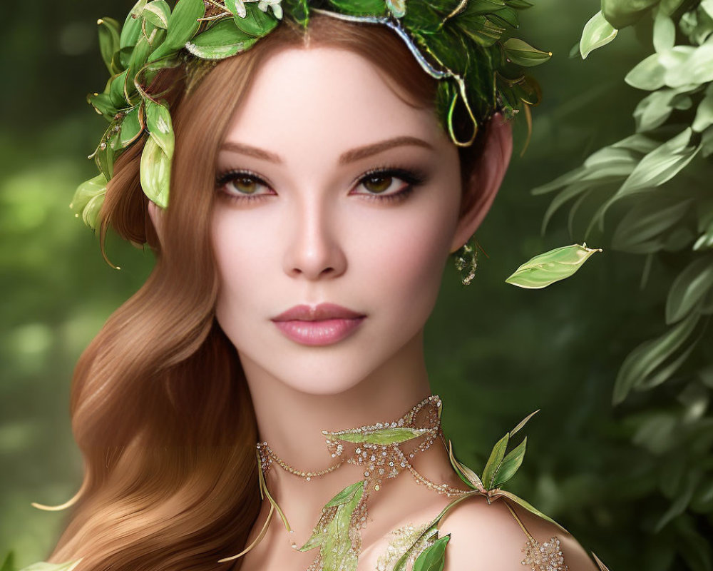 Woman with Floral Crown and Leafy Jewelry in Green Foliage Setting