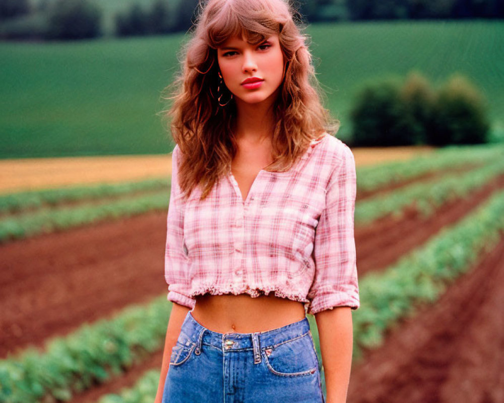 Plaid Crop Top and Denim Shorts Woman in Field with Green Hills