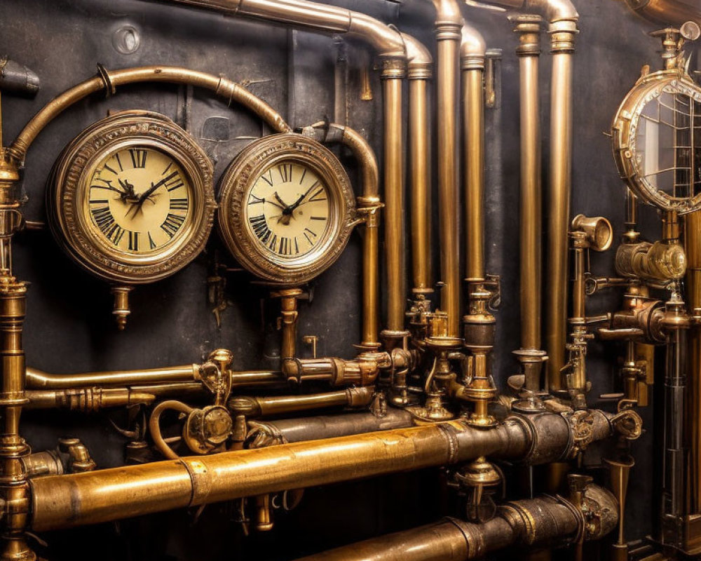 Industrial Steampunk Vintage Room with Brass Pipes and Analog Clocks