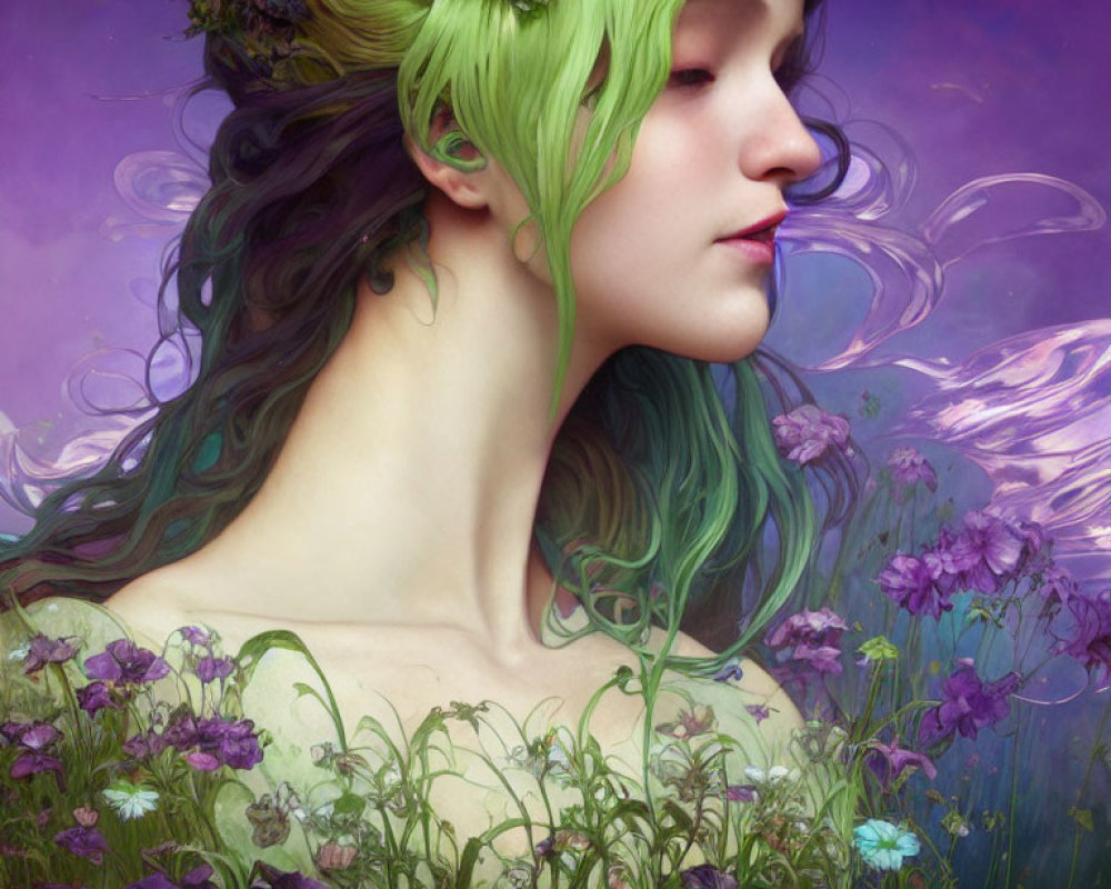 Woman with Green Hair and Flower Wreath in Purple Floral Setting