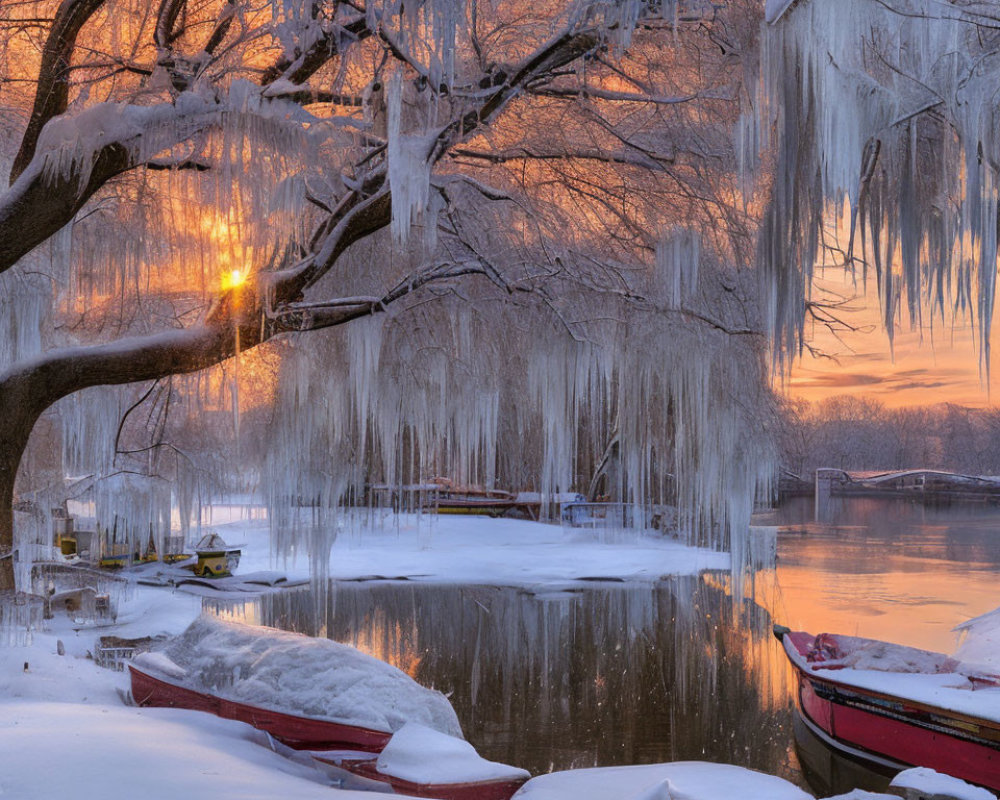 Snow-covered boats on frozen lake with ice-laden branches and warm sunset.