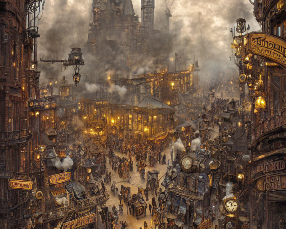 Steampunk cityscape at dusk: ornate buildings, airships, steam, crowds, vintage