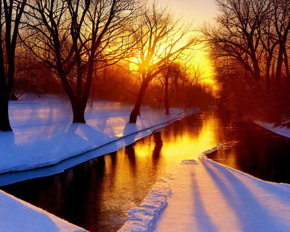 Winter sunset over snow-covered landscape with frozen river and bare trees