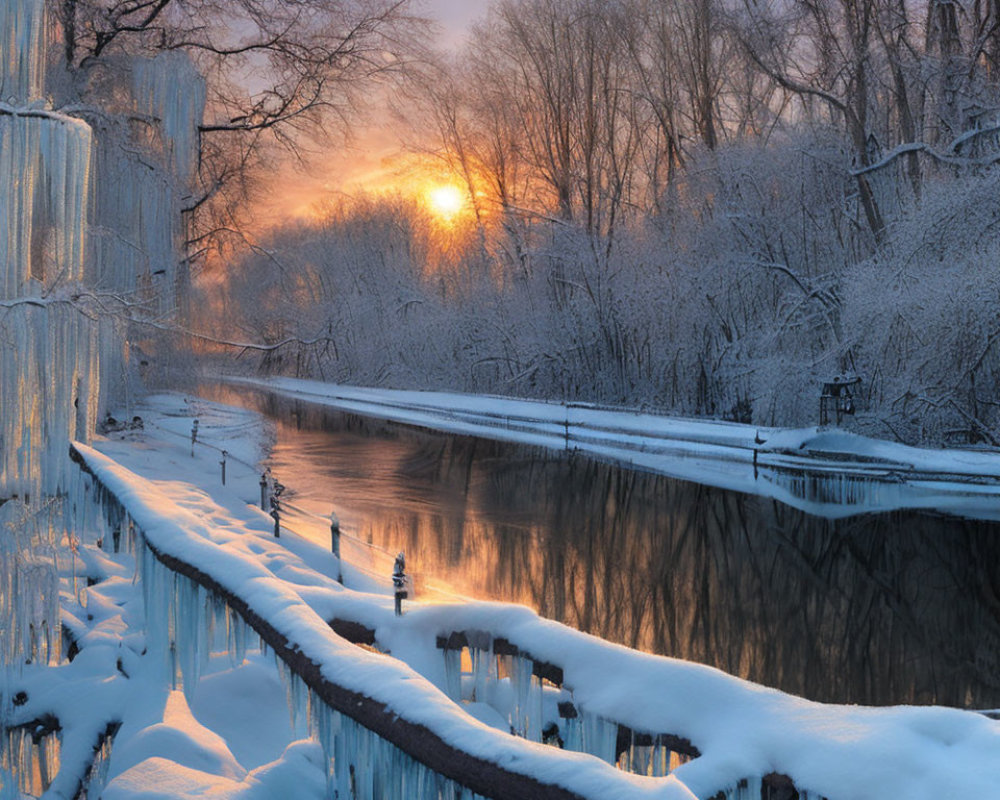 Tranquil winter sunrise over snow-covered river and trees