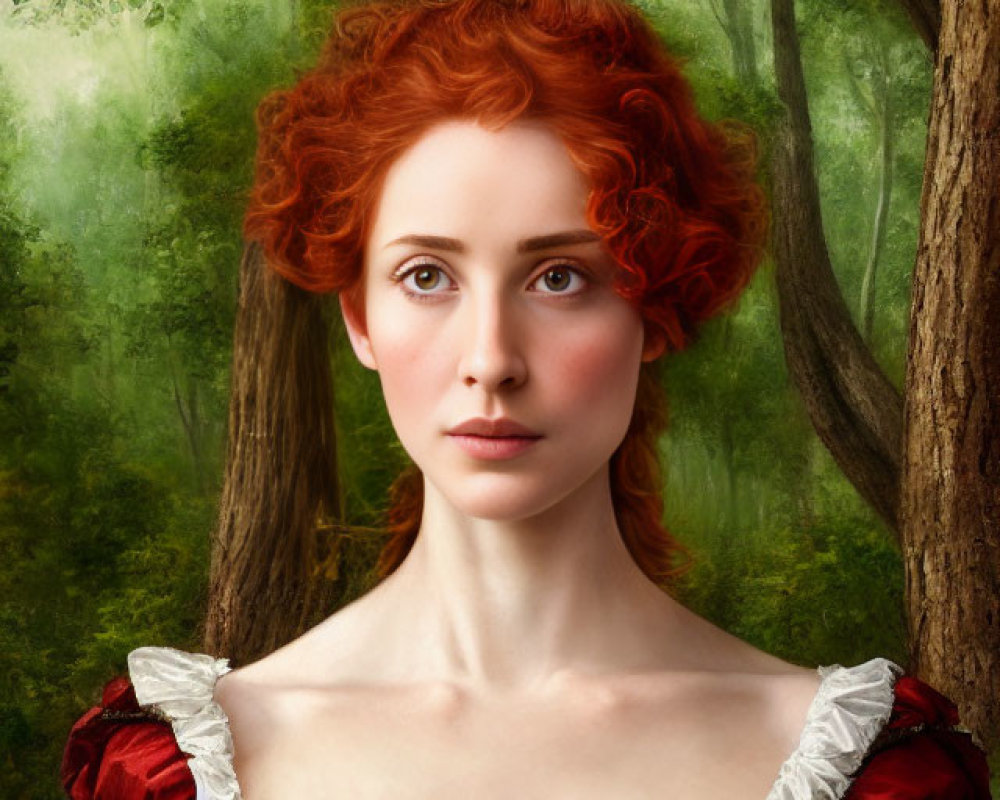 Curly Red-Haired Woman in Period Dress in Forest Setting