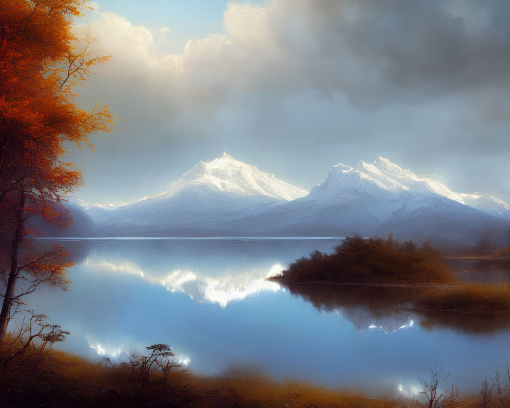 Snow-capped mountains reflected in calm lake amidst autumn foliage under dramatic sky