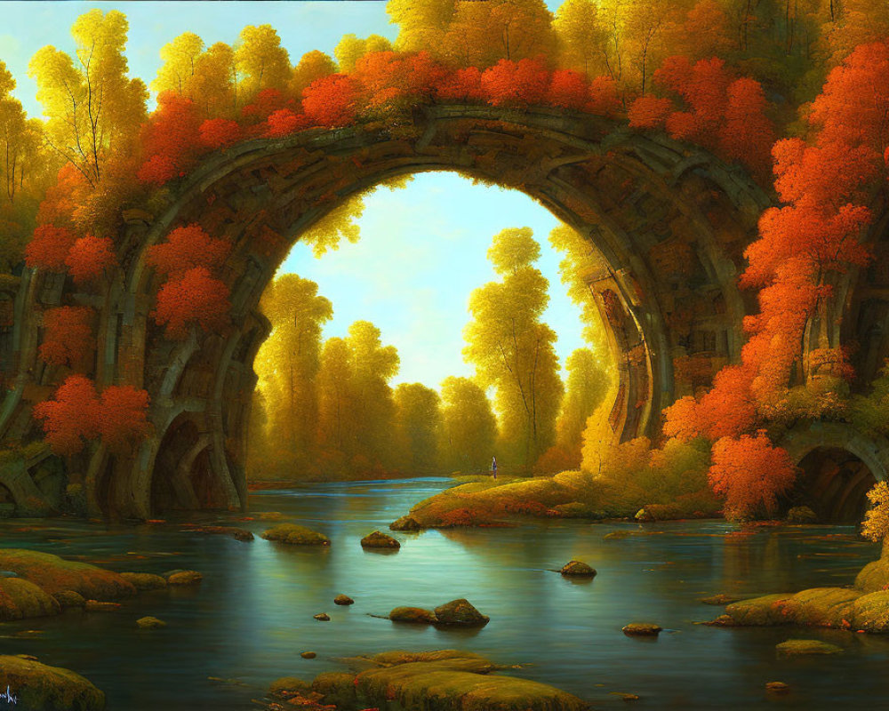 Tranquil river flowing under moss-covered stone arch amid autumn trees