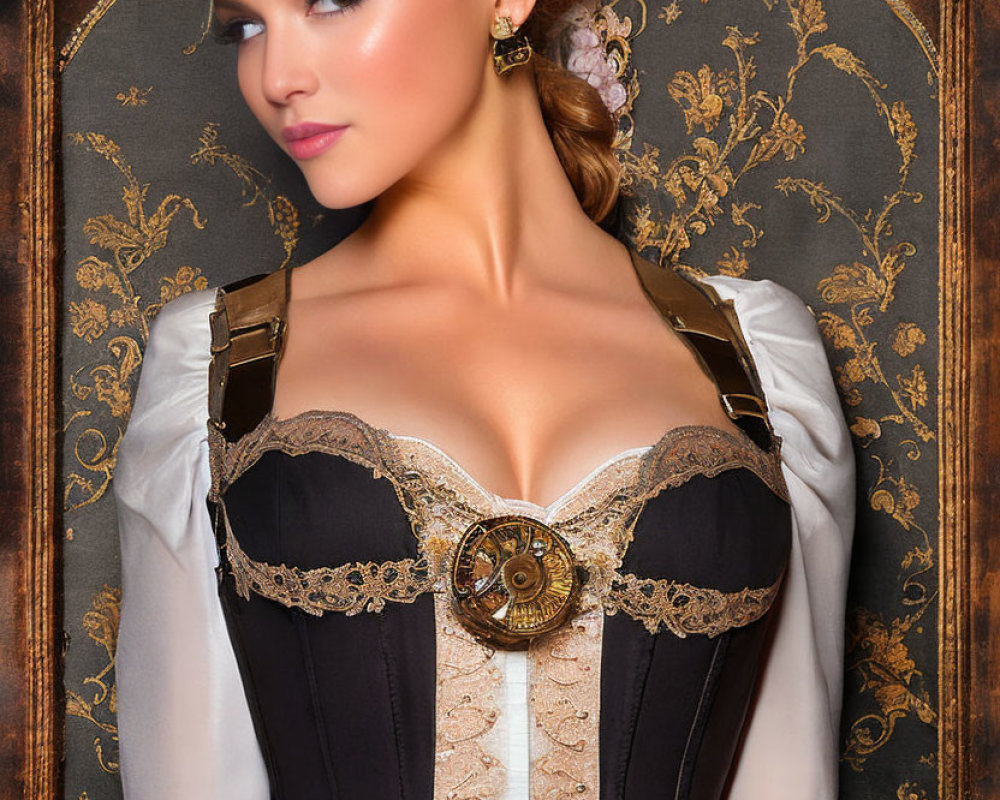 Victorian-inspired woman in corset and puffed sleeves on patterned backdrop