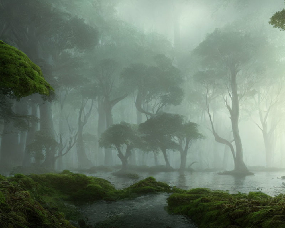 Ethereal forest scene with mist, sunlight, moss, and lush trees
