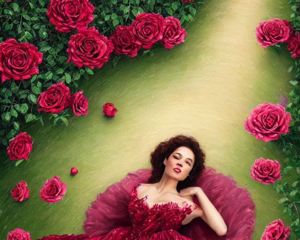 Woman in Red Dress Relaxing Among Lush Roses
