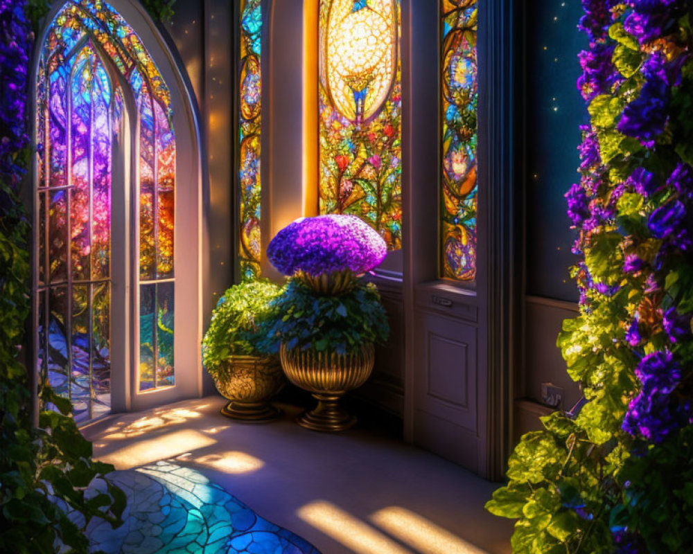 Colorful stained glass windows and purple flowers in a sunlit interior space.