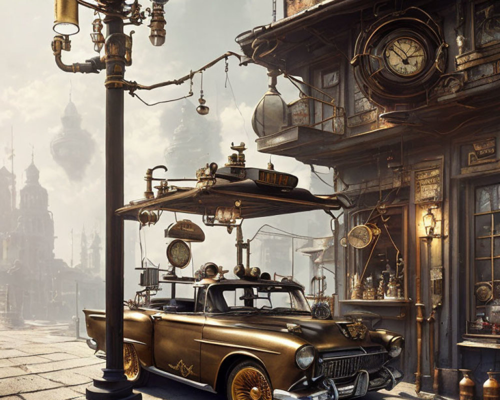 Vintage car on cobblestone street by lamp post and ornate building in steampunk setting.