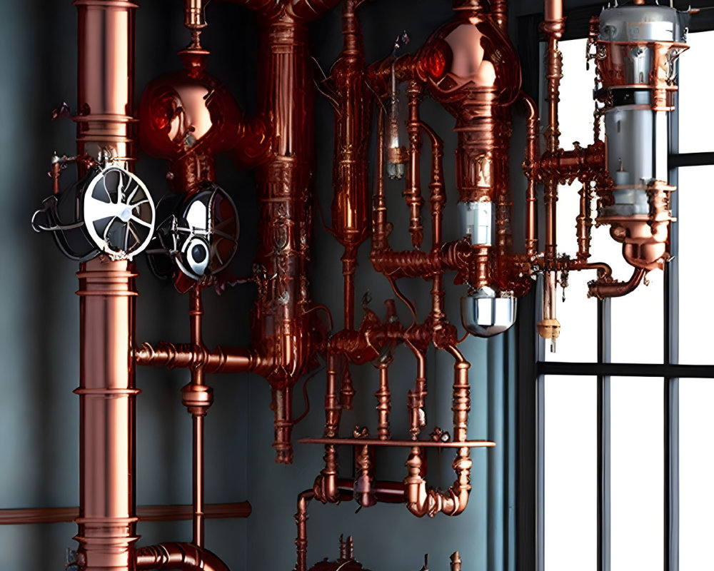 Polished Copper Pipes and Valves on Dark Wall: Modern Industrial Aesthetics