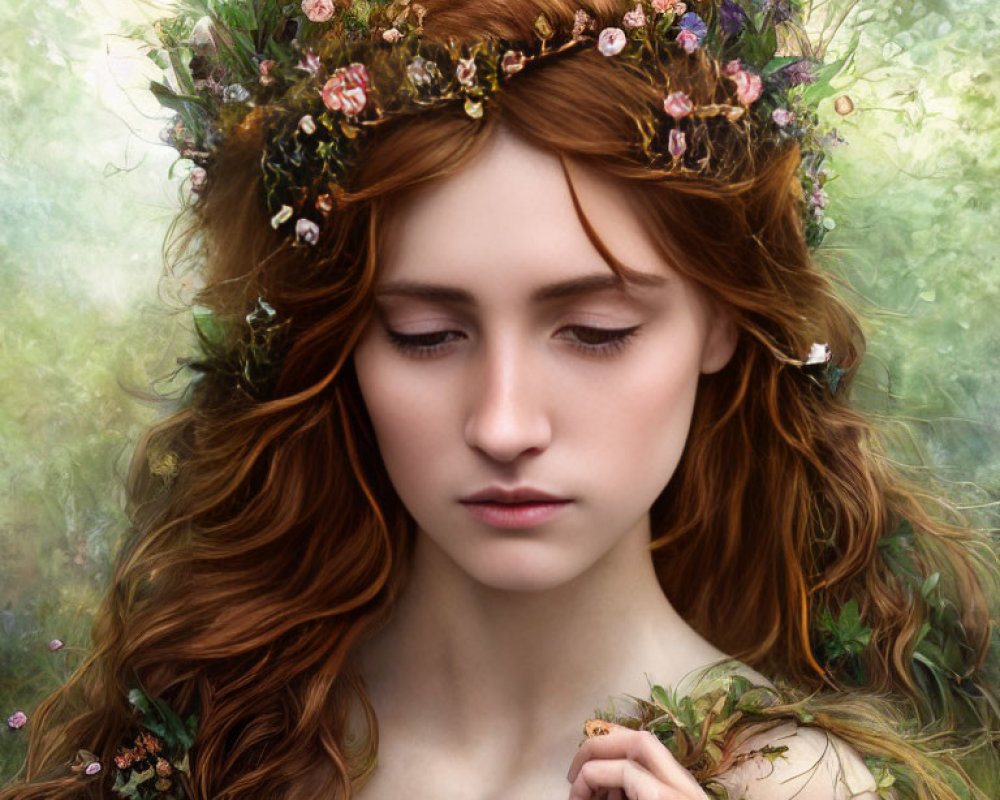 Serene woman with long red hair and floral crown in nature portrait