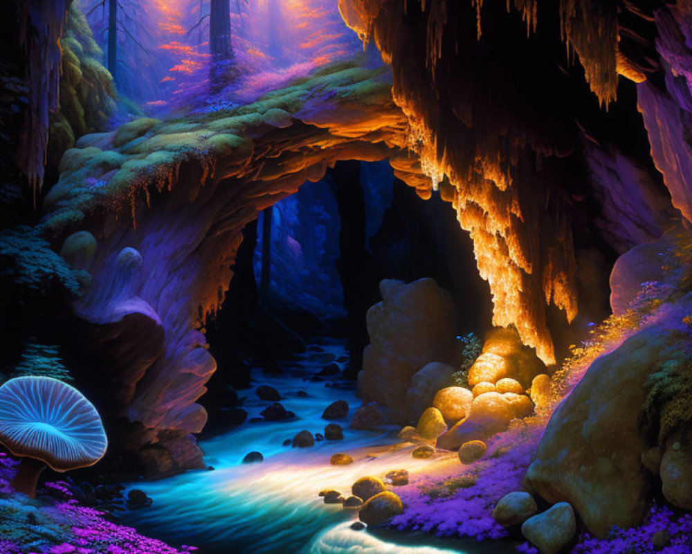 Mystical cave with glowing mushrooms and meandering stream
