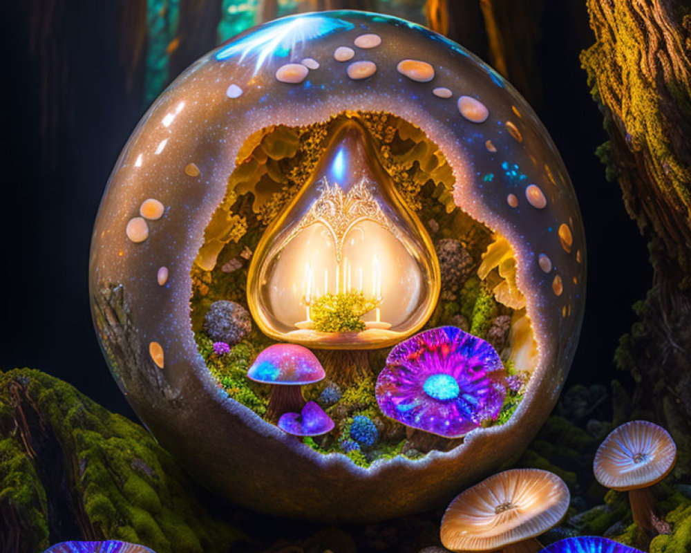 Glowing lantern in egg-shaped structure with luminescent mushrooms in mystical forest
