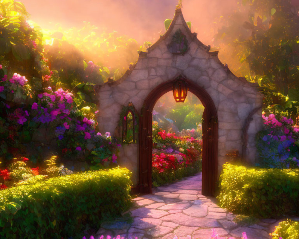 Vibrant garden with stone archway, colorful flowers, lantern, and sunlit background