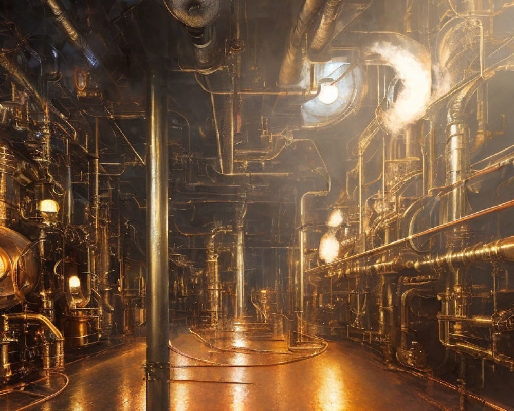 Dimly Lit Industrial Room with Copper Pipes and Steampunk Machinery