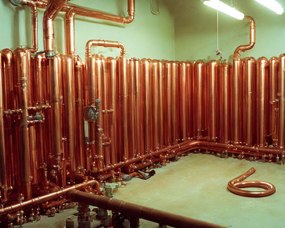 Industrial room with copper pipes, fittings, and coil.