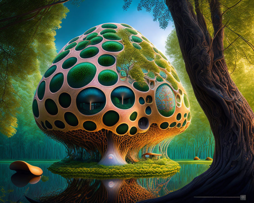 Fantasy Mushroom-Shaped House in Green Forest