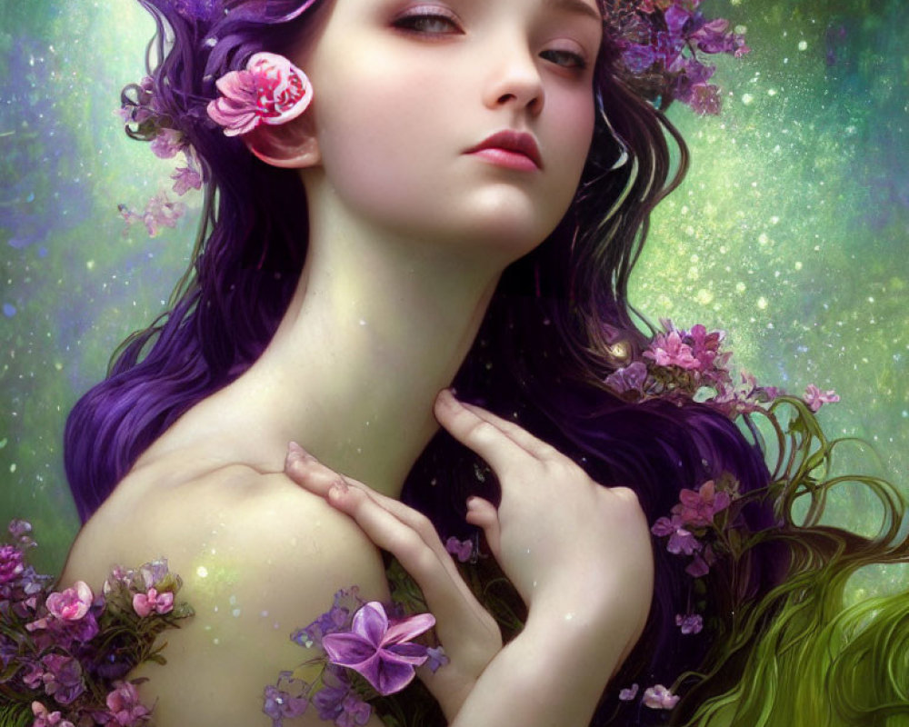 Fantasy portrait of woman with purple hair and floral adornments