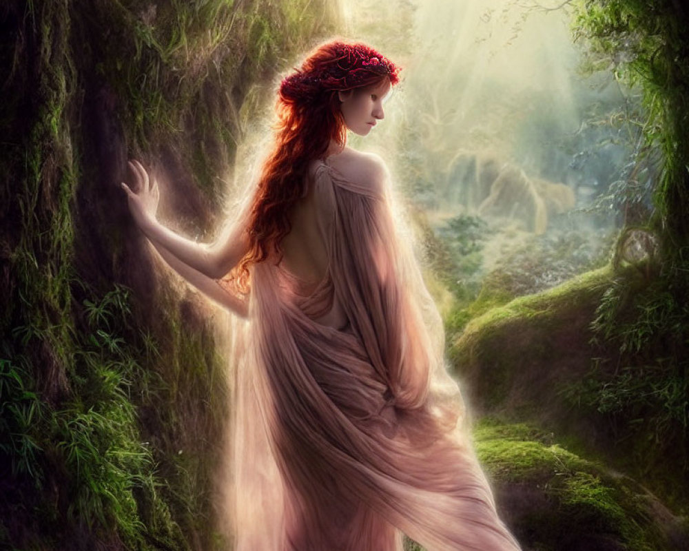 Woman in flowing dress with red wreath in magical forest by mossy tree