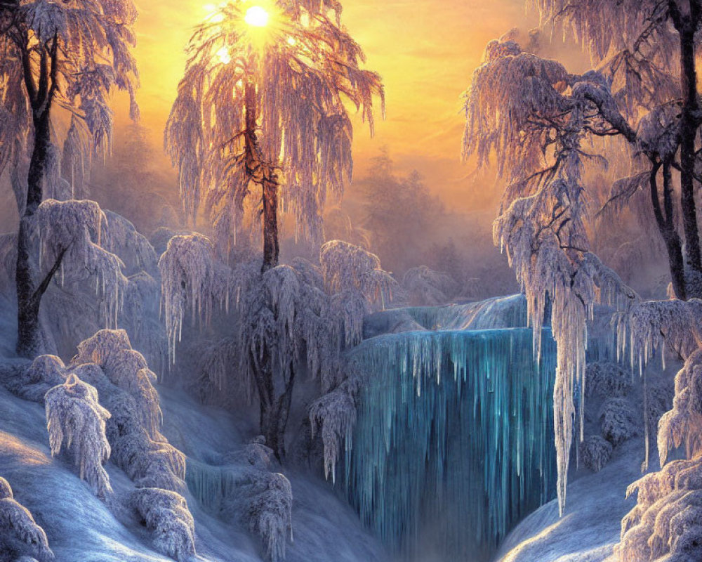 Winter sunrise landscape with frost-covered trees and frozen waterfall