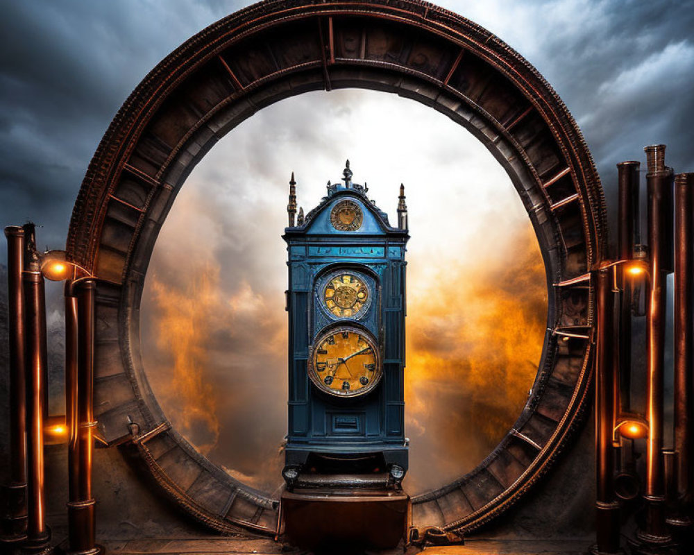 Vintage blue clock and steampunk portal on stormy sky backdrop